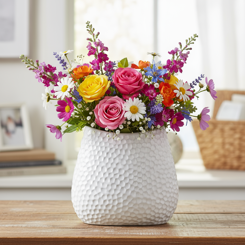 Mika Ceramic Oval Vase with Bent Lip and Pressed Hexagon Design