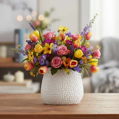 Mika Ceramic Oval Vase with Bent Lip and Pressed Hexagon Design