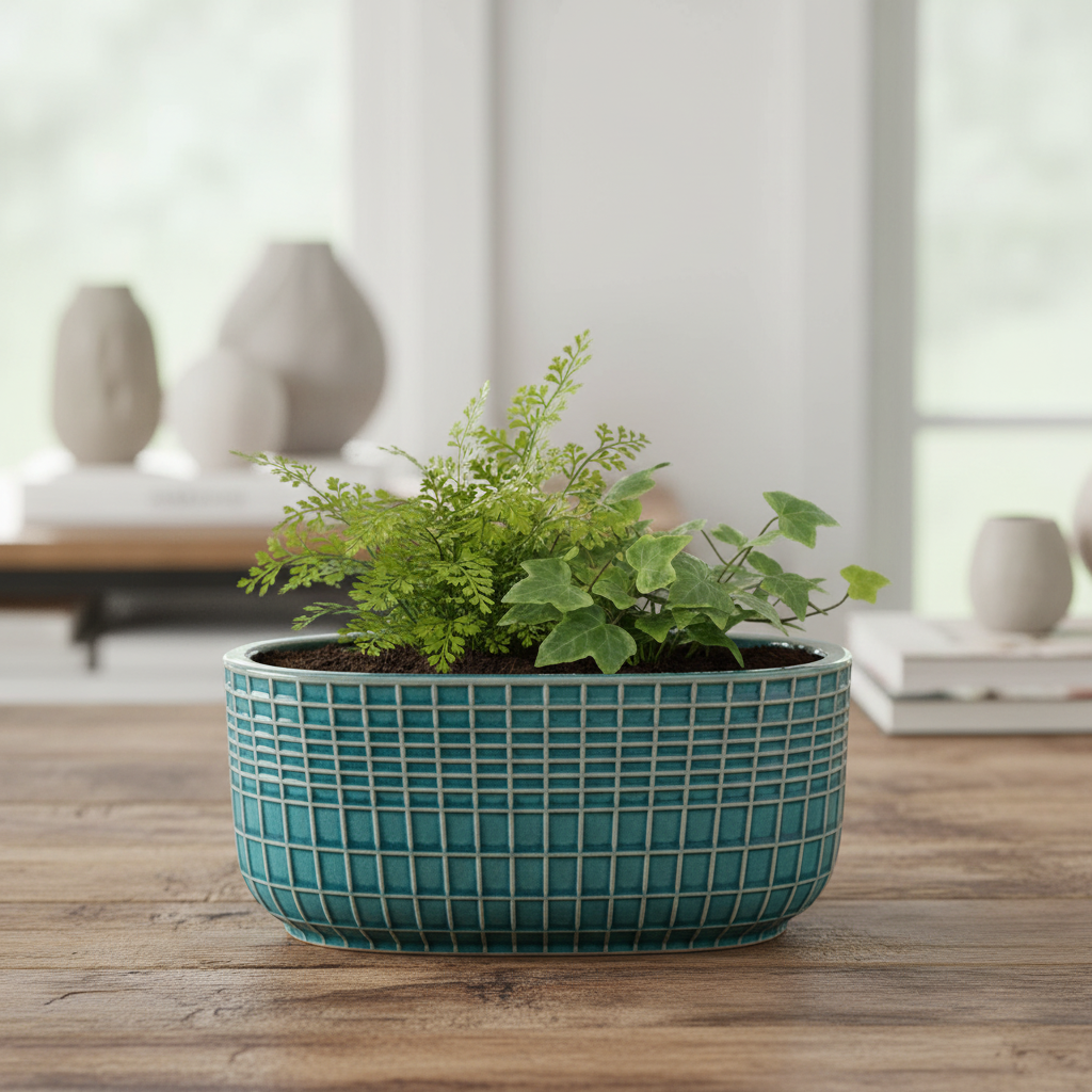 Jewel Ceramic Low Oval Pot with Embossed Lattice Design