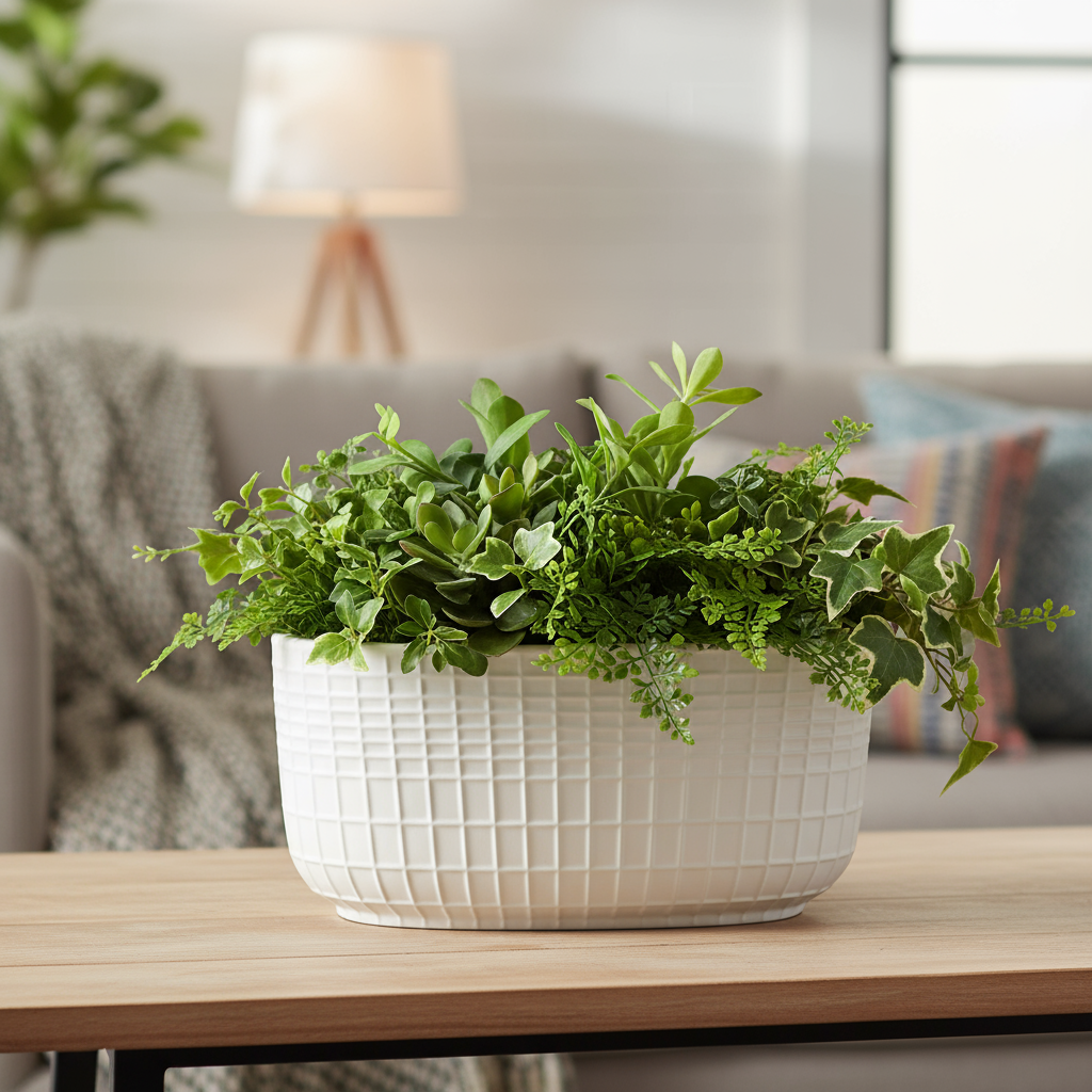 Jewel Ceramic Low Oval Pot with Embossed Lattice Design