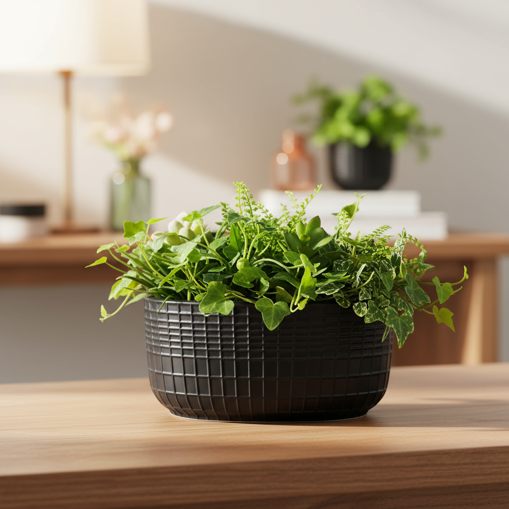 Jewel Ceramic Low Oval Pot with Embossed Lattice Design