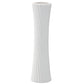 A matte finish white ceramic round vase with slanting lines design body and flared bottom.