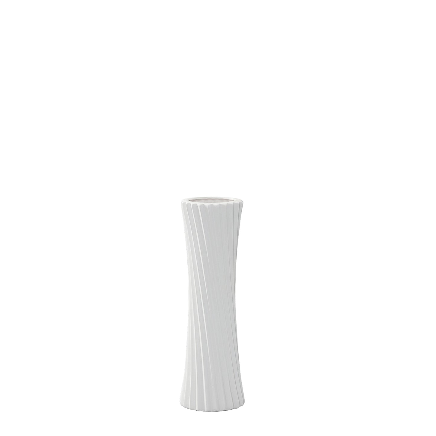 White vase with ribbed design on a white background