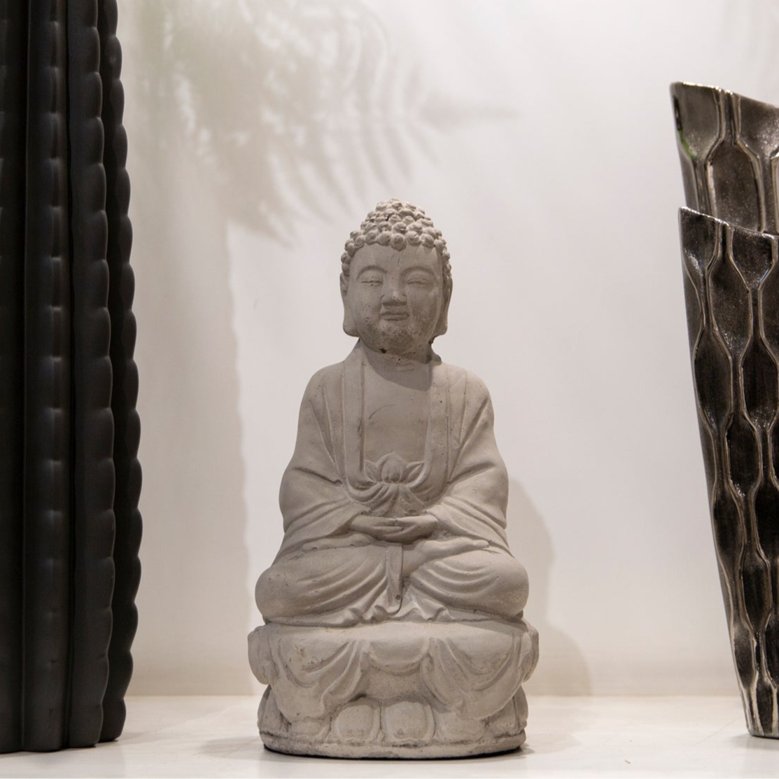 Cement Meditating Buddha Figurine Concrete Finish Gray-14.25"H