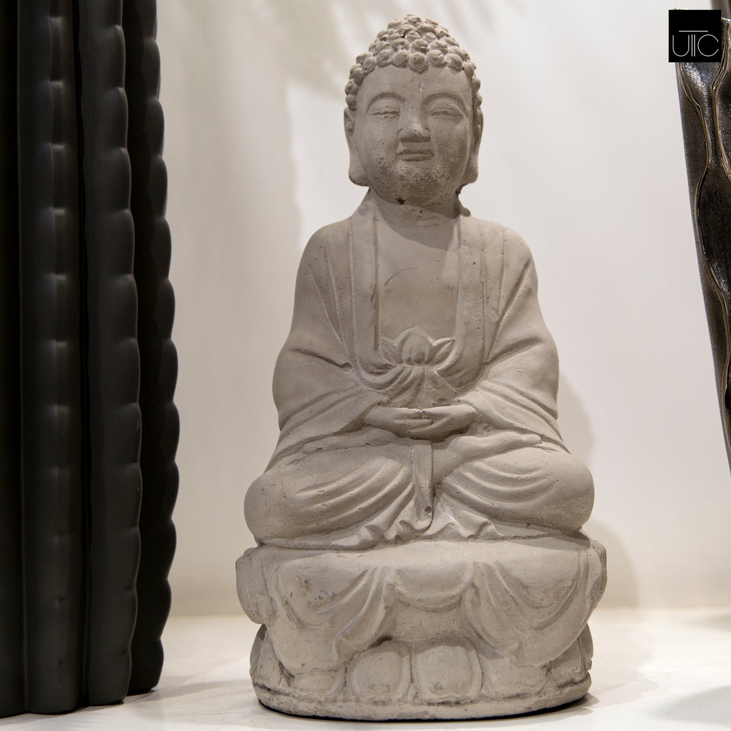 Cement Meditating Buddha Figurine Concrete Finish Gray-14.25"H