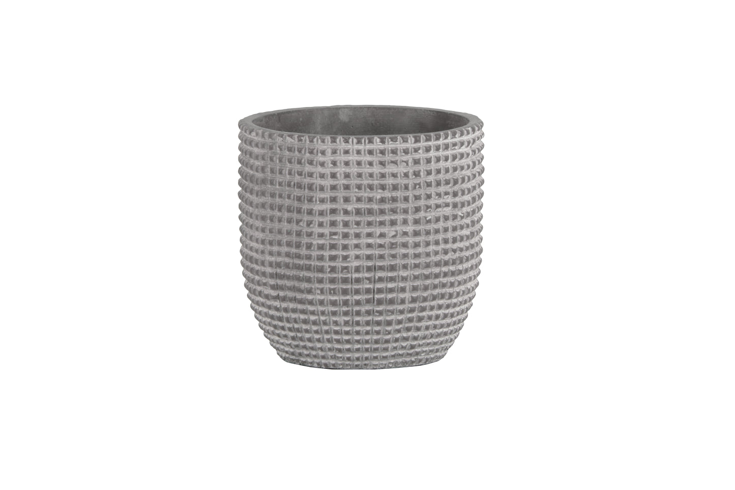 Light Gray Cement Round Pot with Engraved Square Lattice and Tapered Bottom