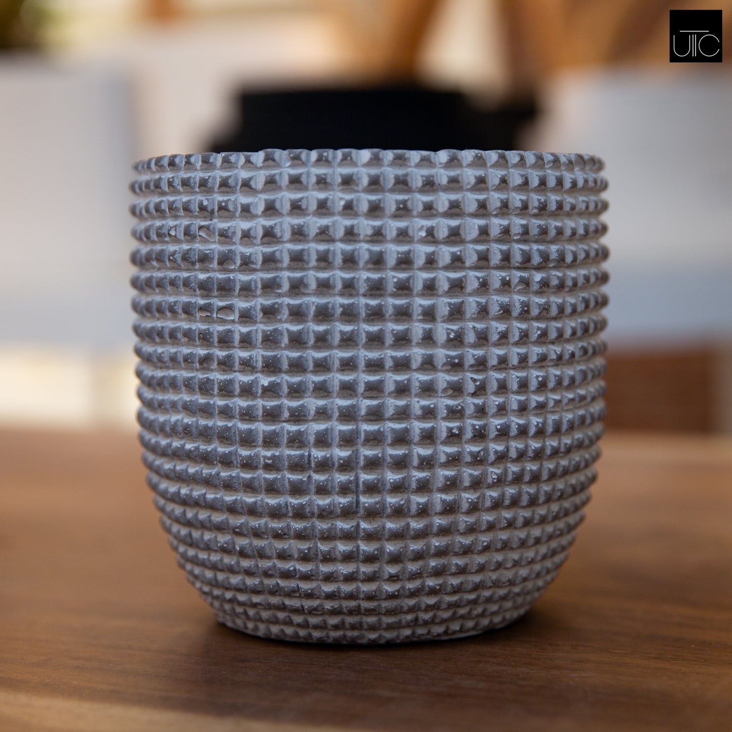 Light Gray Cement Round Pot with Engraved Square Lattice and Tapered Bottom