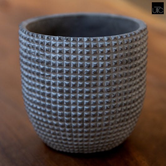 Light Gray Cement Round Pot with Engraved Square Lattice and Tapered Bottom