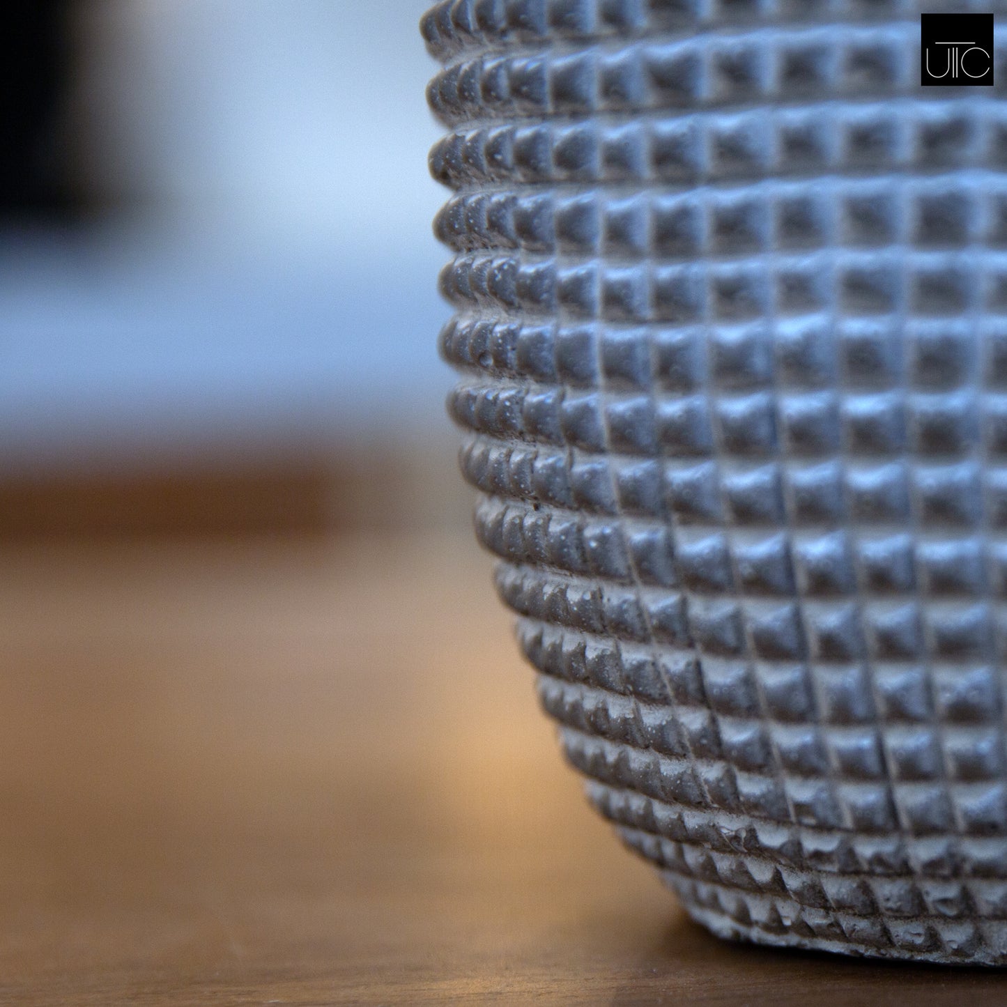 Light Gray Cement Round Pot with Engraved Square Lattice and Tapered Bottom
