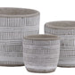 A set of three white ceramic pots with geometric embossed lattice lines design, featuring a banded rim top and bottom.