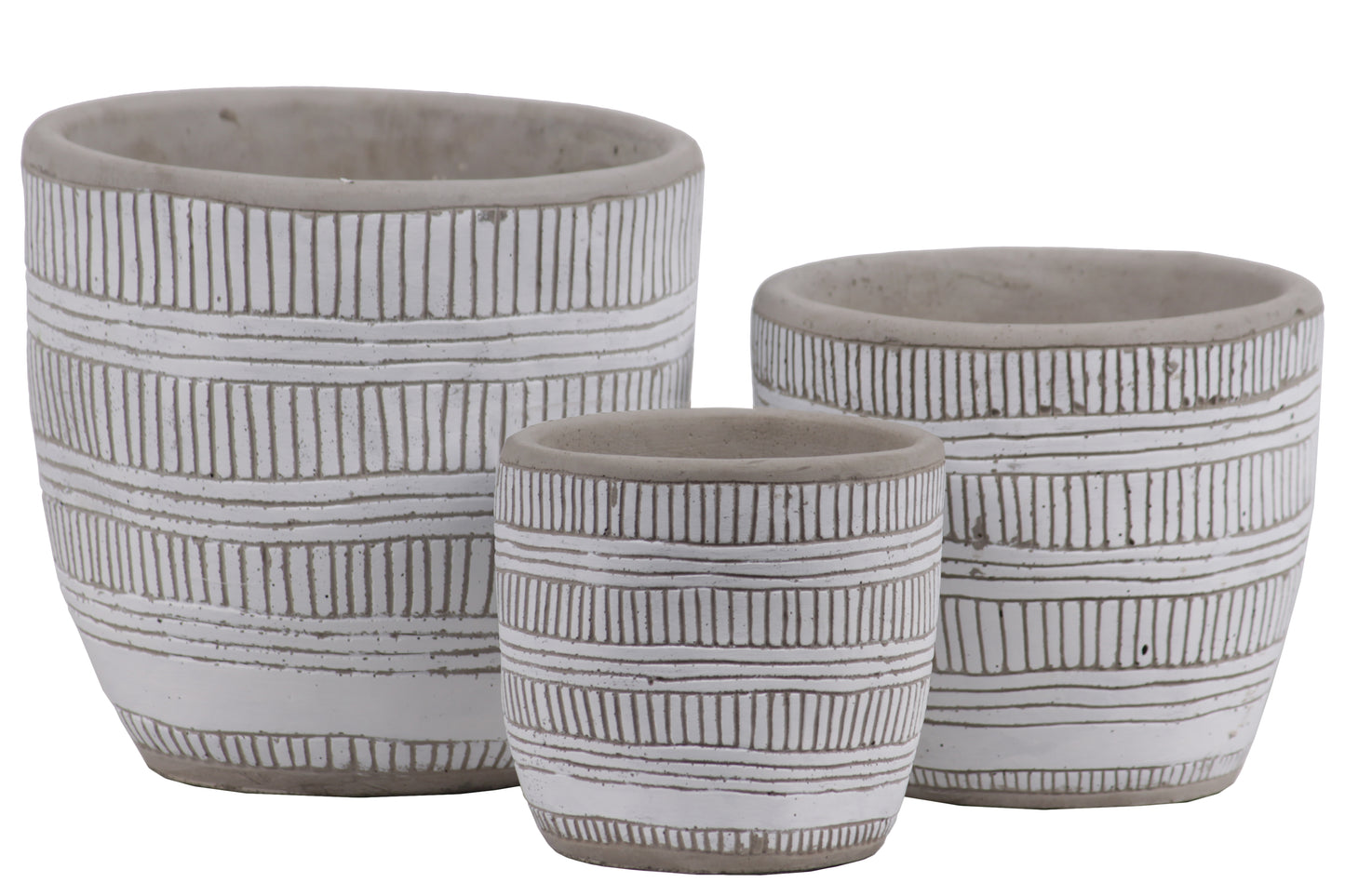 A set of three white ceramic pots with geometric embossed lattice lines design, featuring a banded rim top and bottom.