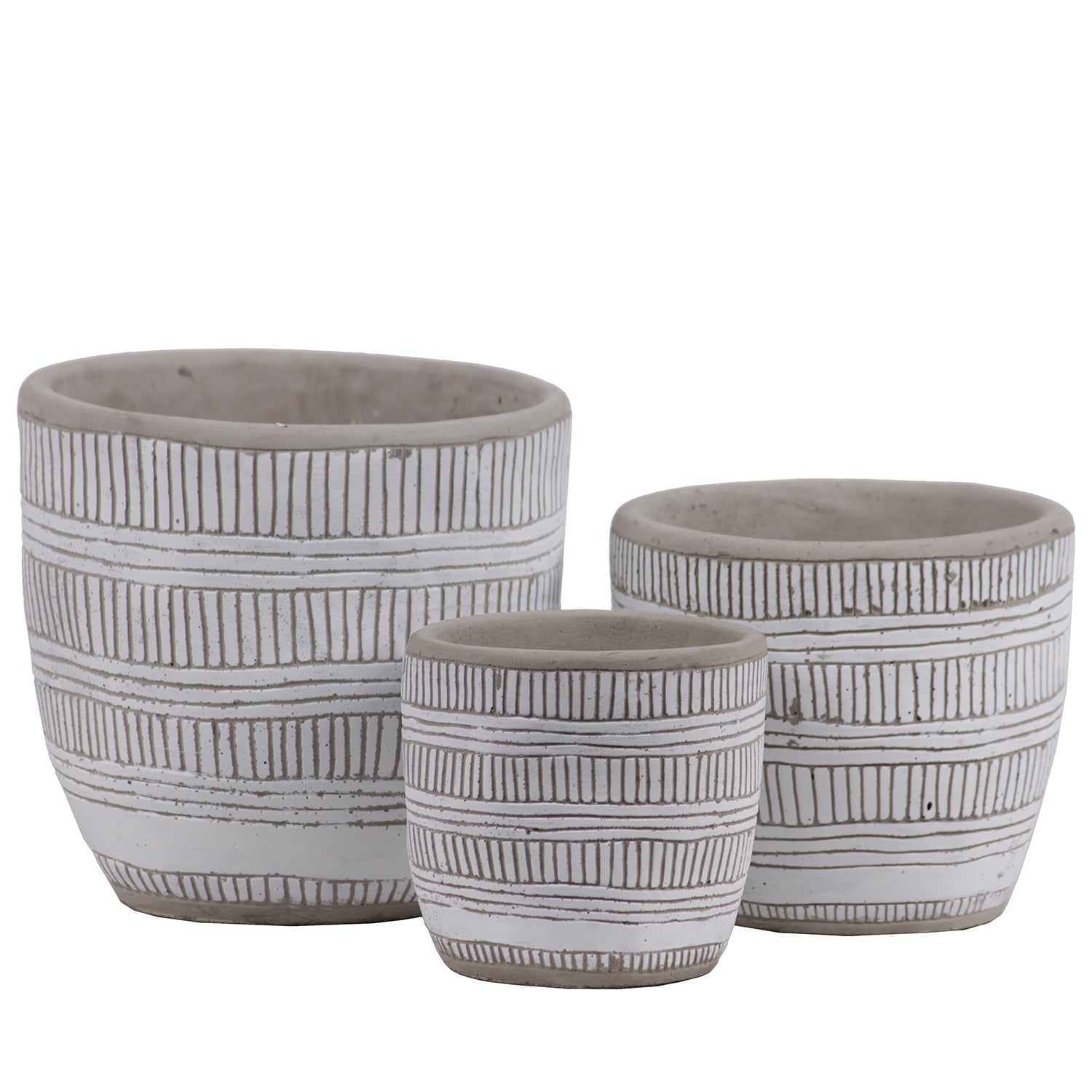 Three ceramic planters with striped patterns on a white background
