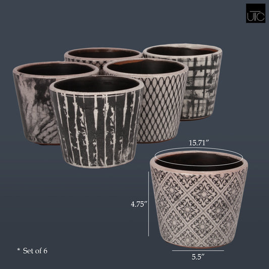 Terracotta Pot Gloss Finish Black, White-4.75"H -317