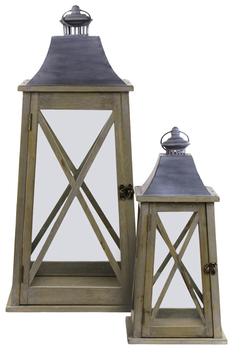 Wooden Lantern Set of Two Natural Finish Brown-27.25"H