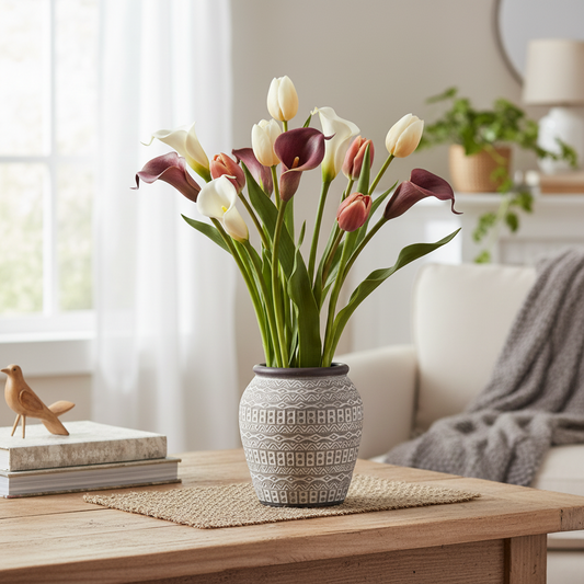 A vase of mixed tulips and calla lilies arranged on a wooden table in a softly lit living room. The flowers include white, cream, and burgundy blooms with green stems, set in a textured gray patterned ceramic vase.
