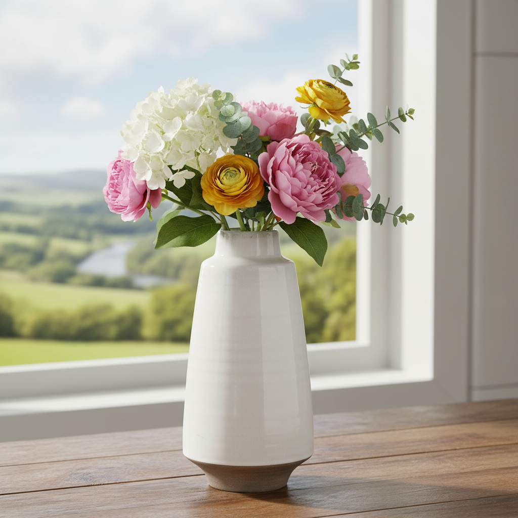 Tempany Ceramic Ribbed Round Vase with Tapered Bottom