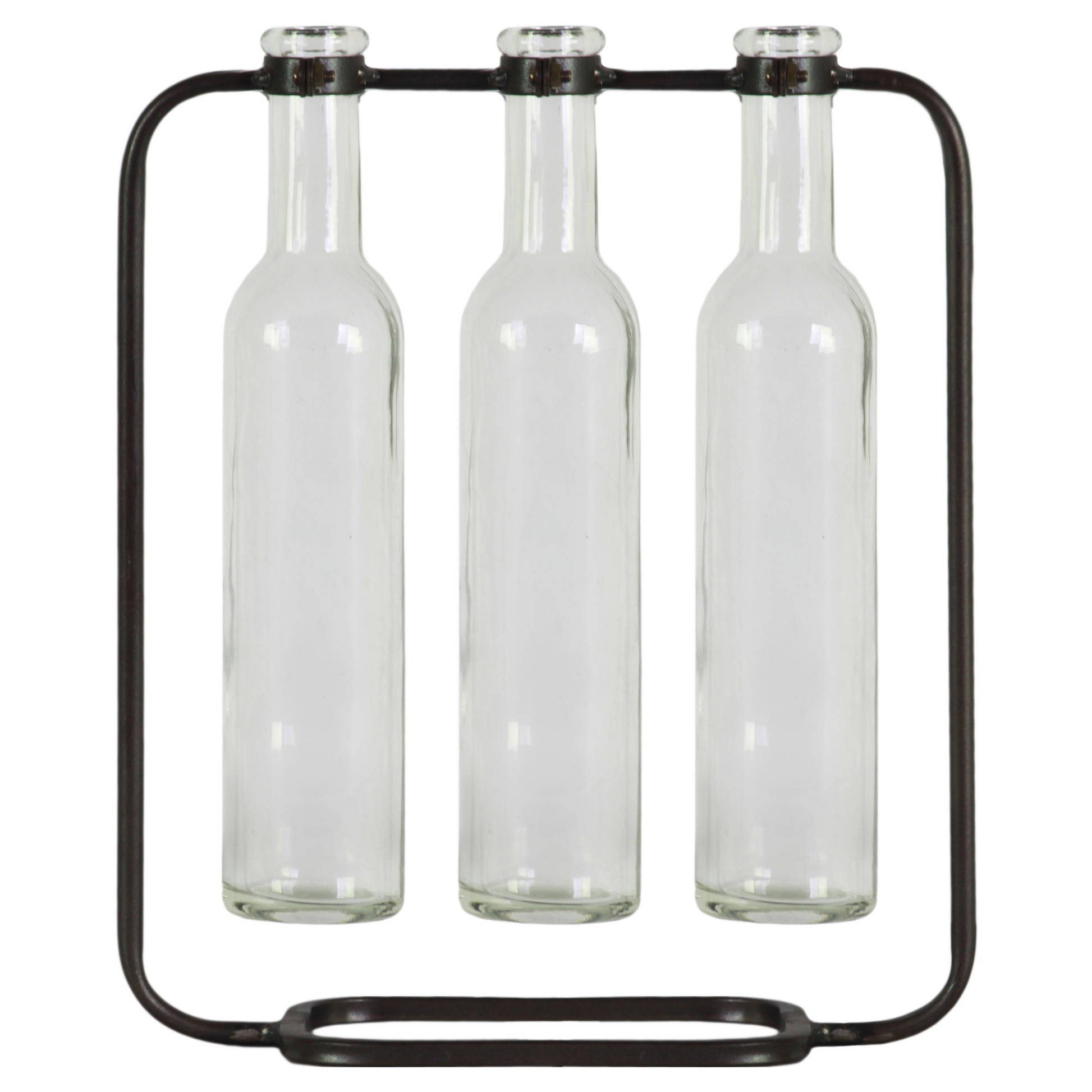 Three clear glass bottles held in place by a black metal stand on a white background