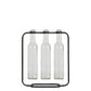 Black metal bottle holder with three clear bottles on a white background