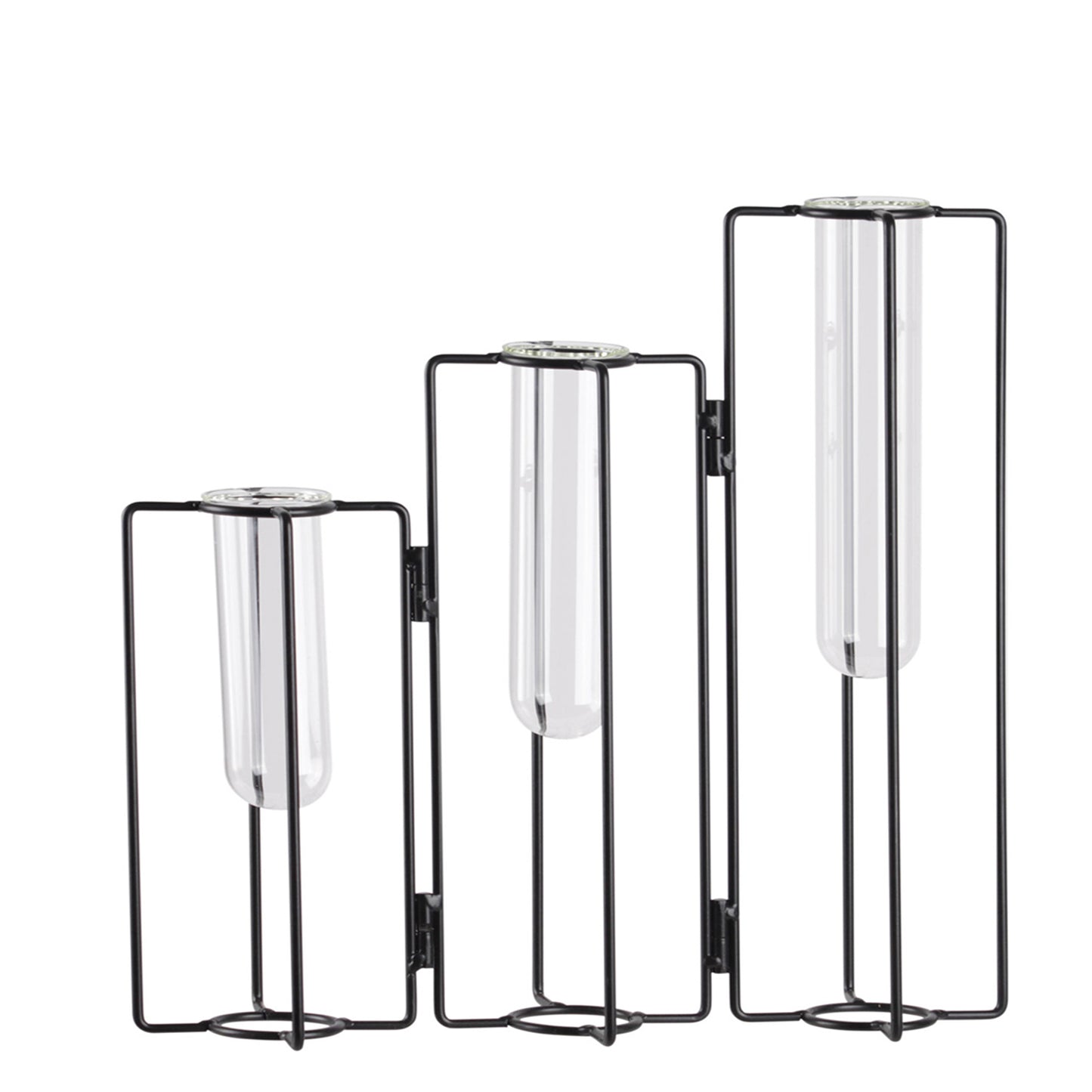 Set of three black metal and glass candle holders on a white background