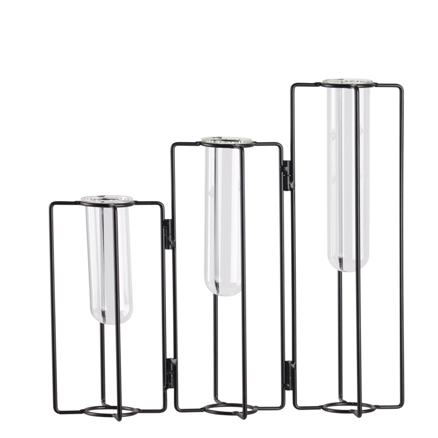 Set of three black metal and glass candle holders on a white background
