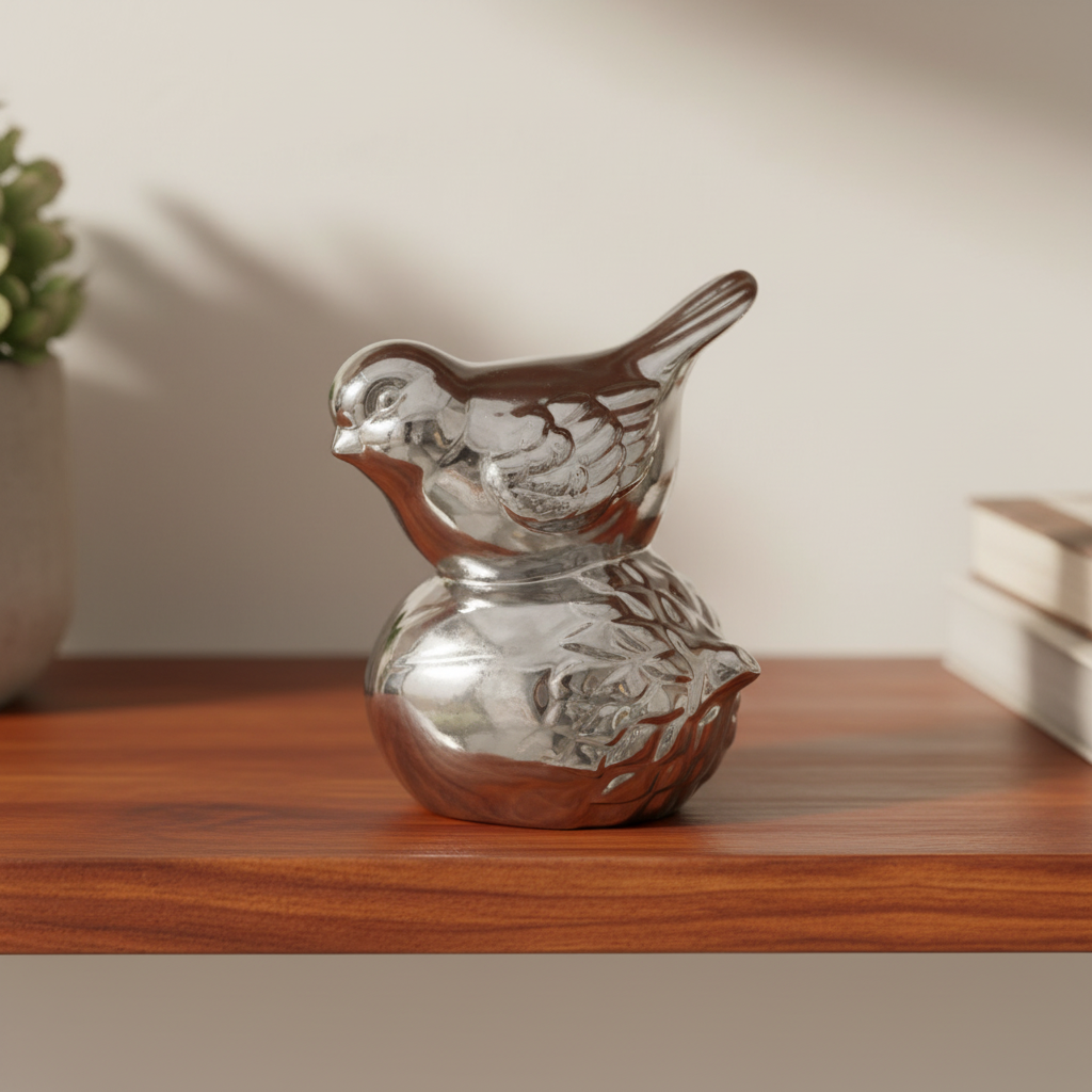 A polished silver metal decorative sculpture shaped like a bird perched on a rounded base, displayed on a wooden shelf against a warm beige wall.