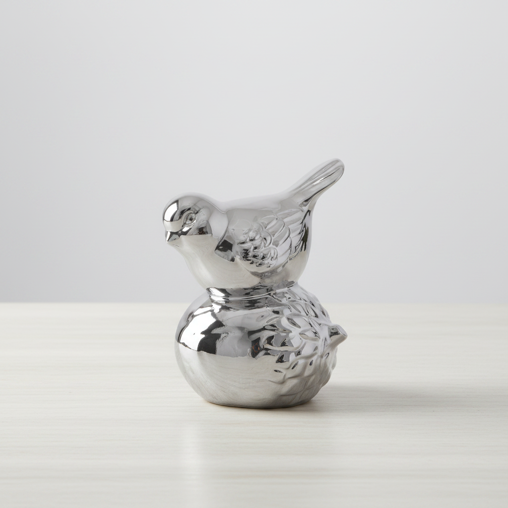 A polished silver bird figurine perched on a textured round base, photographed on a light tabletop against a soft light gray background.