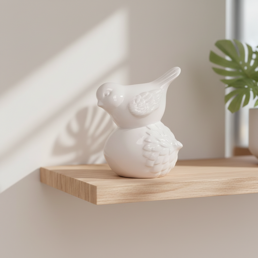 A white ceramic bird figurine with textured feather details, displayed on a light wood floating shelf against a warm beige wall with soft window shadows.
