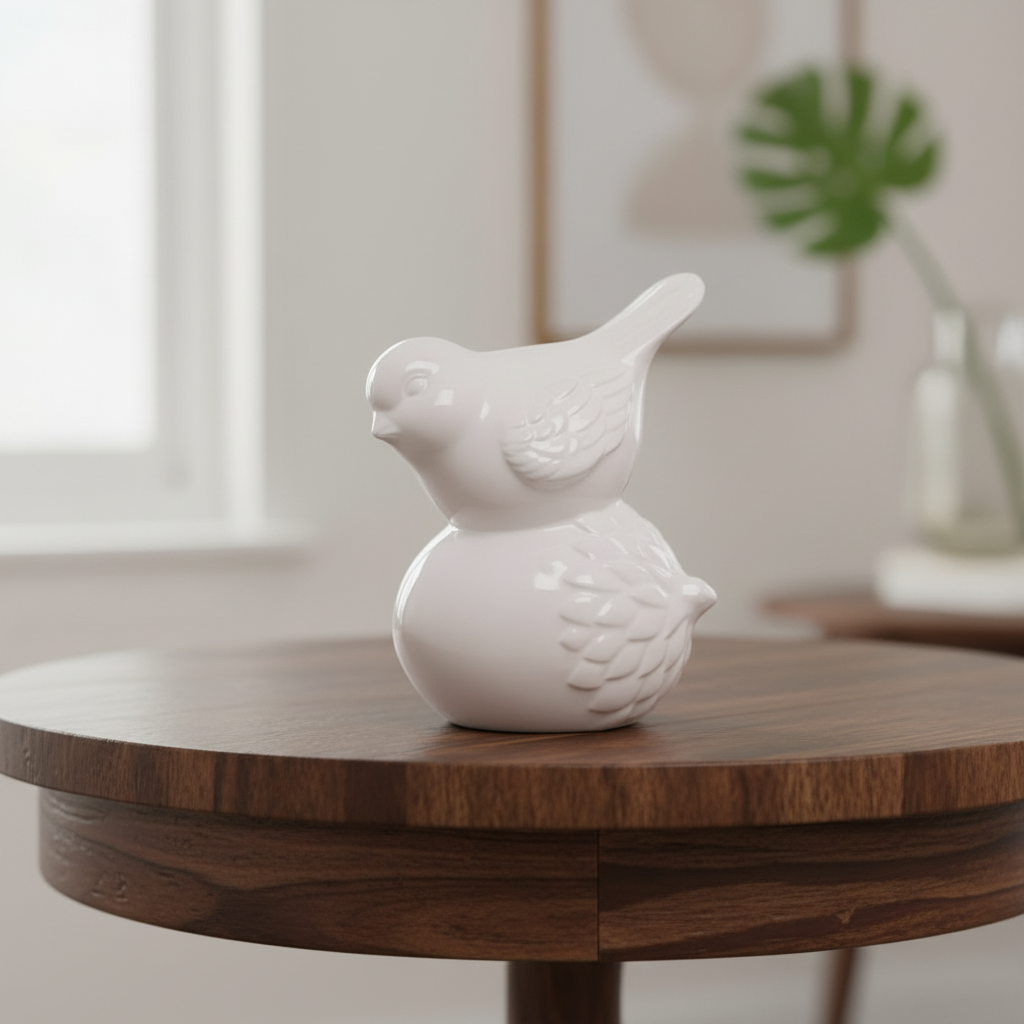 A white ceramic bird-shaped decorative object sits on the edge of a round wooden table in a softly lit interior setting with blurred background elements.