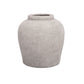 A solid gray terracotta vase with a rounded shape and no visible patterns or text.