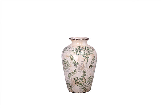 Stoneware Bulbous Botanical Leaf Pattern Vintage Crackle Glaze Vase Off White