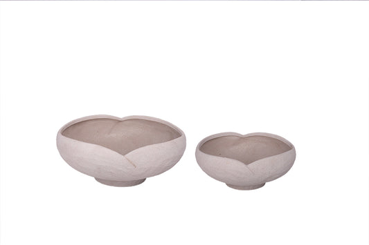 Terracotta Sculptural Set of 2 Petal Style Organic Pattern Textured Glaze Bowl Off White
