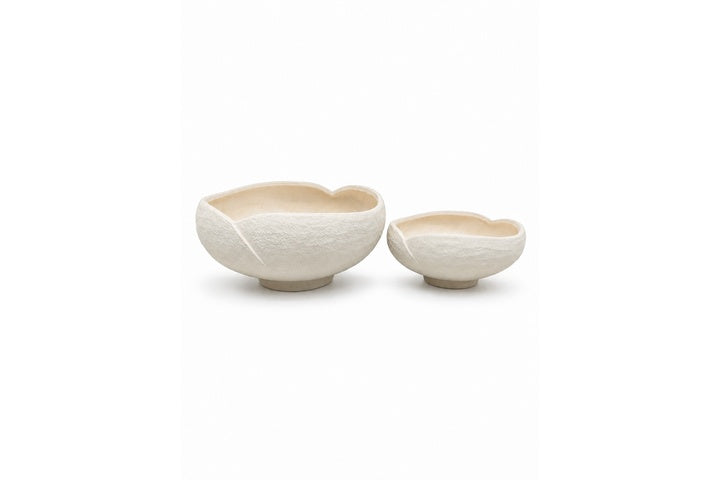 Terracotta Sculptural Set of 2 Petal Style Organic Pattern Textured Glaze Bowl Off White