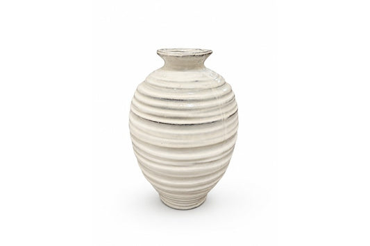 Beehive-Ridged Ceramic Vase With Horizontal Ringed Texture and Ovoid Silhouette Antique White Finish