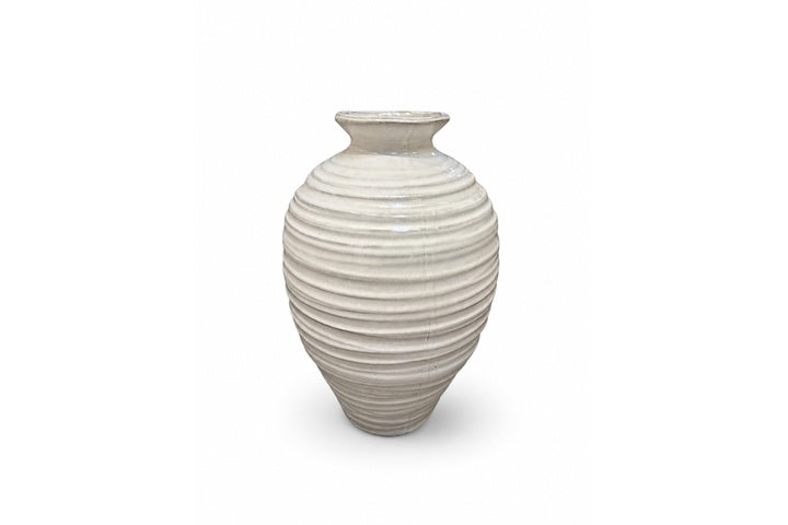 Beehive-Ridged Ceramic Vase With Horizontal Ringed Texture and Ovoid Silhouette Antique White Finish