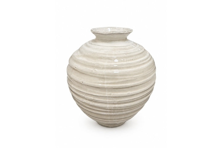 Ripple-Ridged Ceramic Vase With Fine Horizontal Grooves and Rounded Ovoid