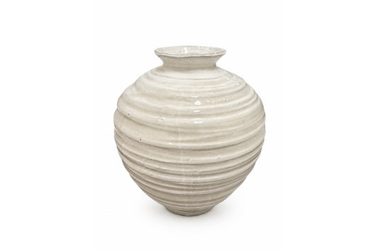 Ripple-Ridged Ceramic Vase With Fine Horizontal Grooves and Rounded Ovoid