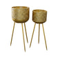 Metal Round Planter with Banded Symmetric Swirl Spade Pattern on Tripod Stand Set of Two Painted Finish Gold