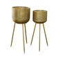 Metal Round Planter with Banded Symmetric Swirl Spade Pattern on Tripod Stand Set of Two Painted Finish Gold