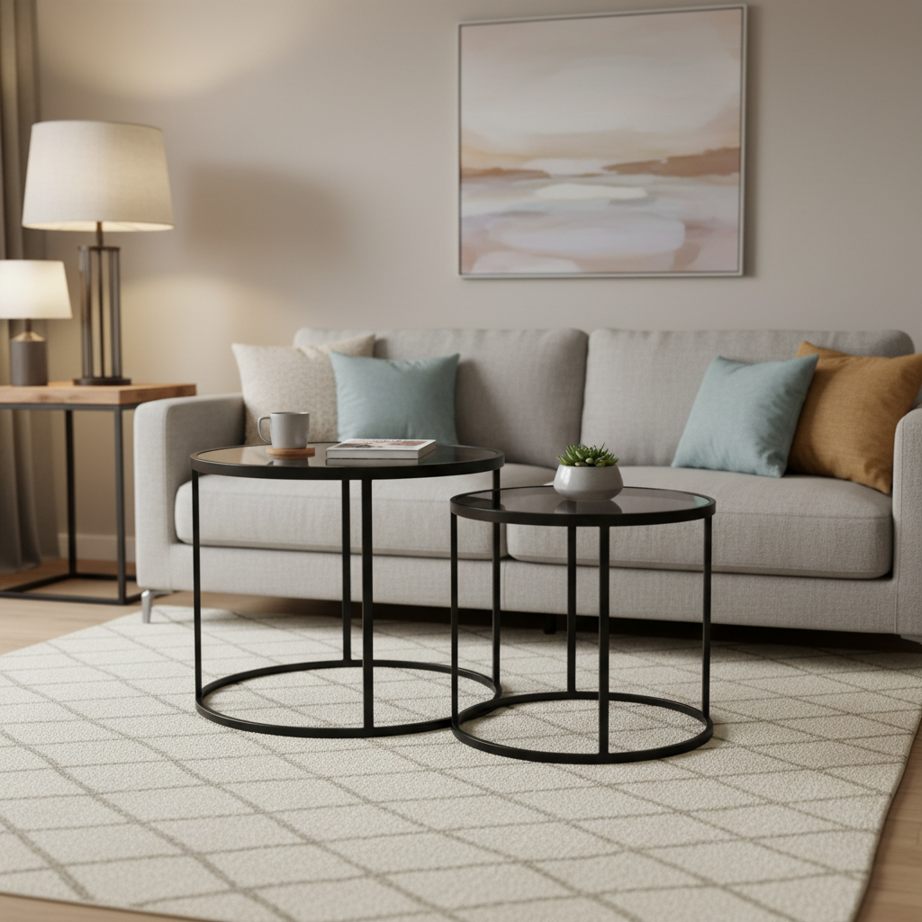 Two round nesting coffee tables with black metal frames and dark glass tops are styled in a modern living room setting in front of a light gray sofa.