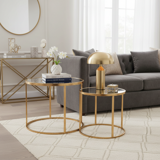 Two round nesting side tables with gold metal frames and clear glass tops in a modern living room setting, styled with a brass table lamp, books, and a vase of white flowers in front of a gray sofa.