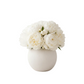 Two round white ceramic vases holding bouquets of peony flowers, with a larger bright pink bouquet on the left and a smaller white bouquet on the right, set against a clean off-white background.