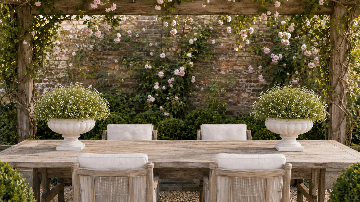 A rustic outdoor dining scene featuring a weathered wooden table with four white cushioned chairs under a wooden pergola adorned with climbing roses and greenery, with two large white urn planters on the table.