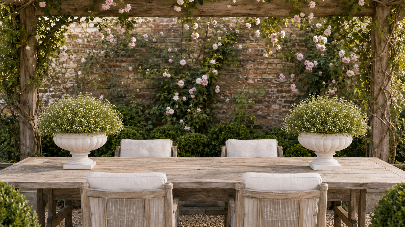 A rustic outdoor dining scene featuring a weathered wooden table with four white cushioned chairs under a wooden pergola adorned with climbing roses and greenery, with two large white urn planters on the table.