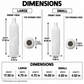 A dimension chart showing front and top views with measurements for large and small bottle sizes. The chart includes height and width measurements with approximate values listed at the bottom.