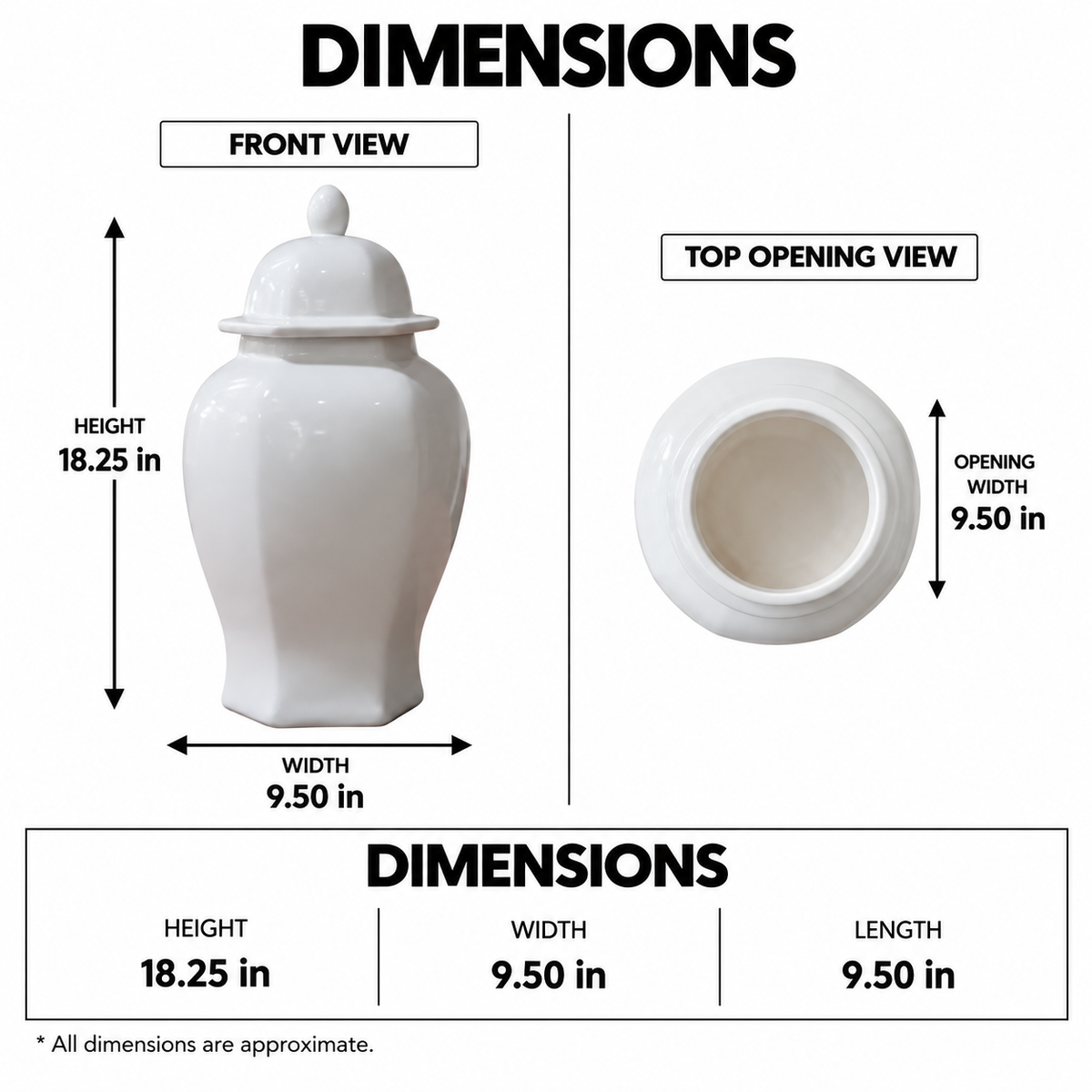 A dimension diagram of a white ceramic lidded jar or canister, showing front and top opening views with measurements for height, width, and opening width, plus a bottom summary of dimensions.