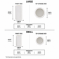 A size comparison chart showing front view and top opening view dimensions for large and small cylindrical filter cartridges. The chart includes height, length, and width measurements with approximate values on a white background.