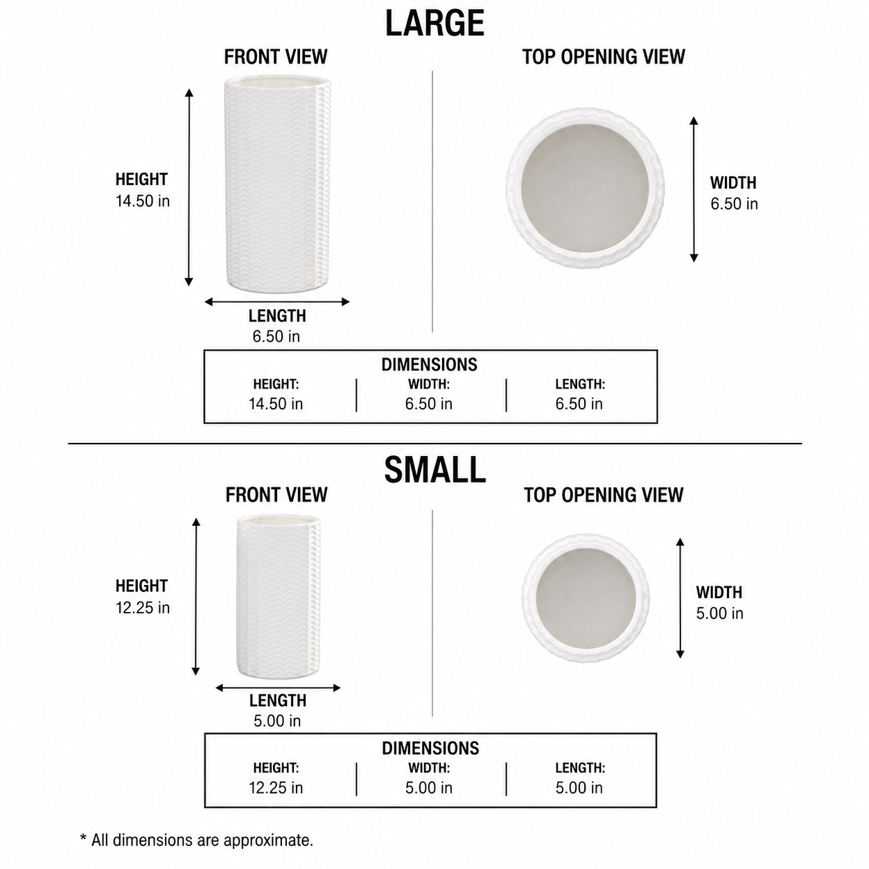 A size comparison chart showing front view and top opening view dimensions for large and small cylindrical filter cartridges. The chart includes height, length, and width measurements with approximate values on a white background.