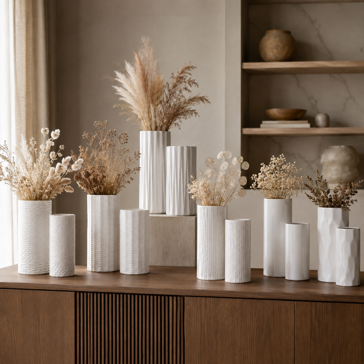 A collection of textured white ceramic vases in various shapes and sizes, styled with dried pampas grass and other neutral-toned botanicals on a wooden console table in a warm, modern interior setting.