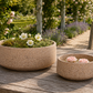 Two round terracotta-colored concrete planters sit on a weathered wooden table in a garden setting. The larger planter is filled with green foliage and small white flowers, while the smaller planter holds pink roses.