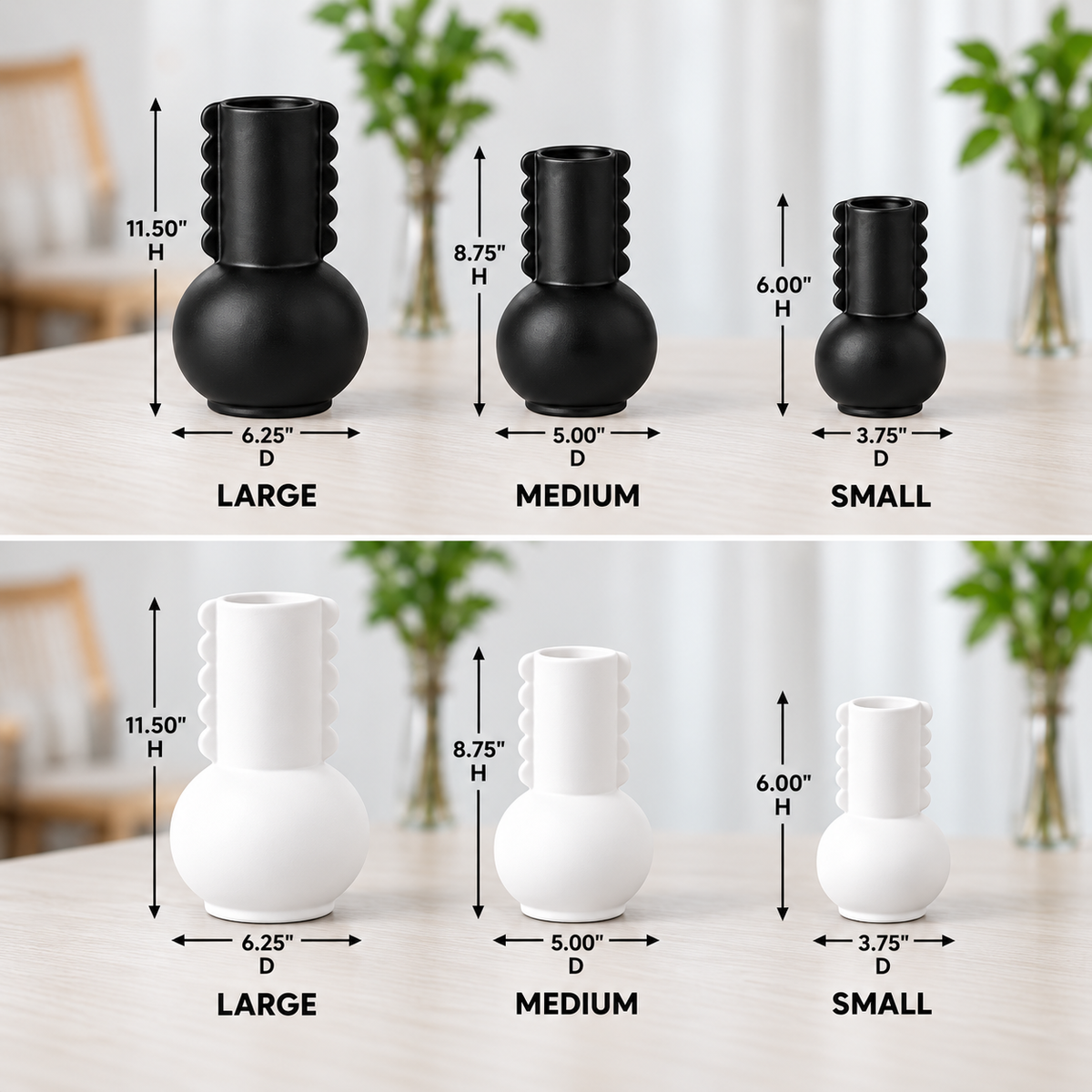 Three sizes of decorative vases shown with dimension labels and arrows: large black, medium black, and small black vases on the top row, and large white, medium white, and small white vases on the bottom row, photographed in a softly blurred indoor setting.